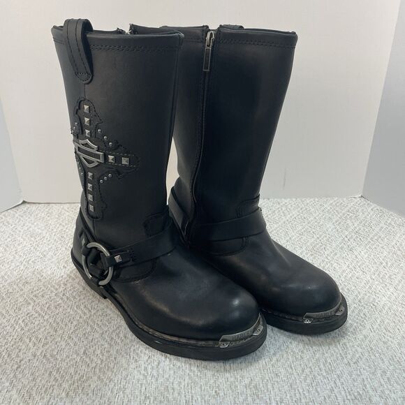 Harley Davidson Womens 8M Black Harness Leather Chunky Strap Studded Biker Boots - Picture 1 of 13